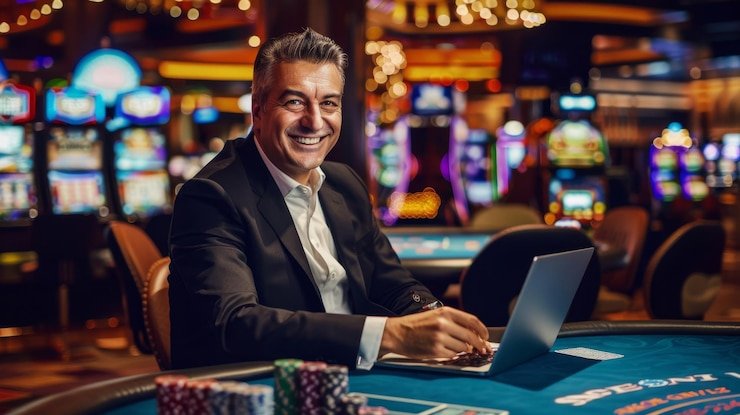 Live casino game with dealer and players playing cards on screen
